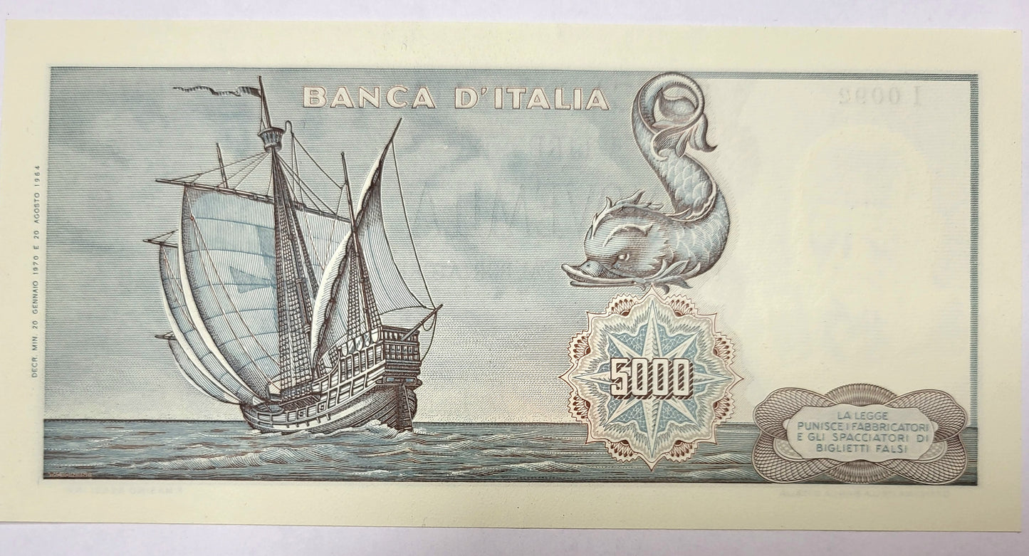 5000 LIRE 3 CRISTOFORO COLOMBO una caravella