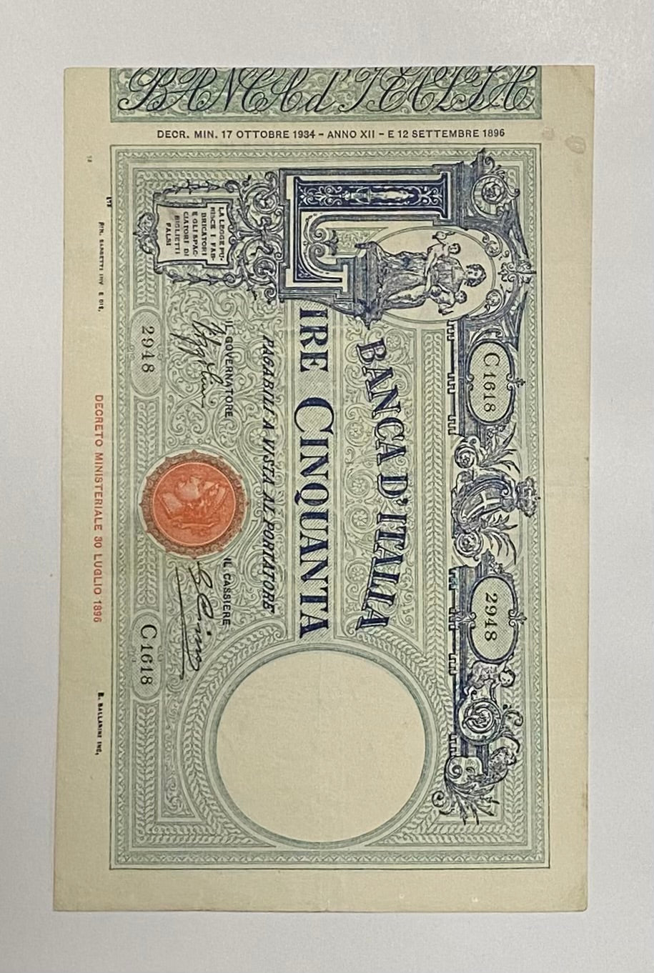 50 LIRE MATRICE (FASCIO) 1934